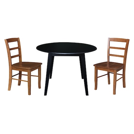 International Concepts 42 in. Solid Wood Round Dual Drop Leaf Dining Table with 2 Chairs in Black/Distressed Oak K46-42DL-C42-2-2